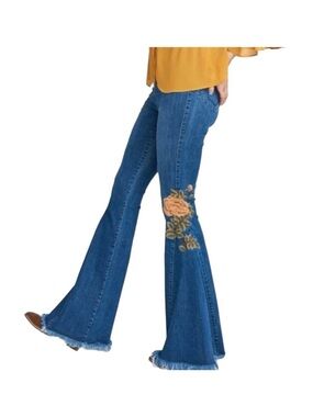 Show Me Your MuMu Berkley Bells Jeans with Orange Floral Embroidery Size L